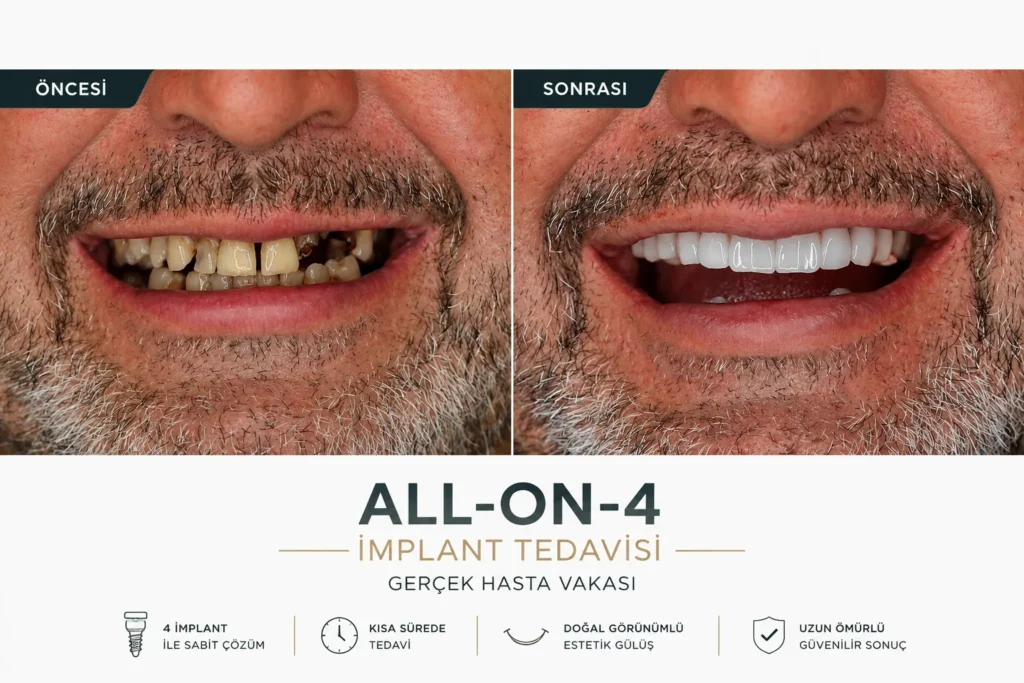 All on 4 implant tedavisi öncesi ve sonrası gerçek hasta vakası