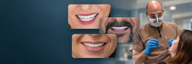 Smile photographs and a dentist examining a patient at CADDENOVA Dental Clinic in Istanbul
